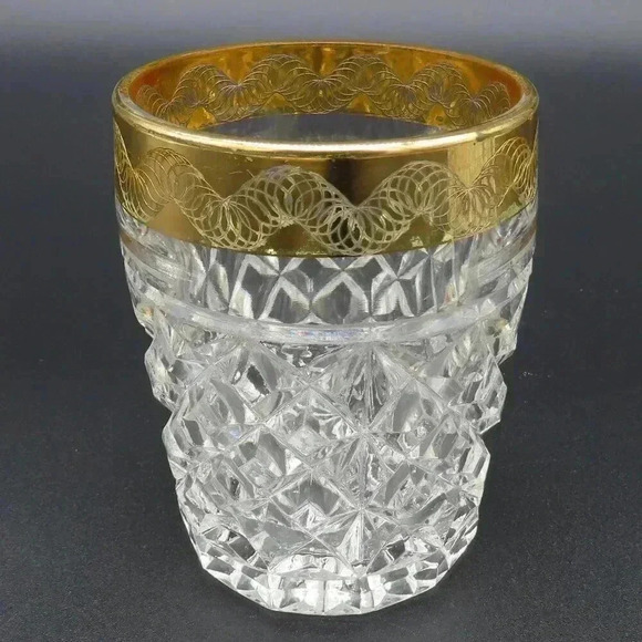 Diamond Point Clear Glasse with Wide Gold Band Old Fashioned Glass Whiskey Glass - Picture 3 of 7